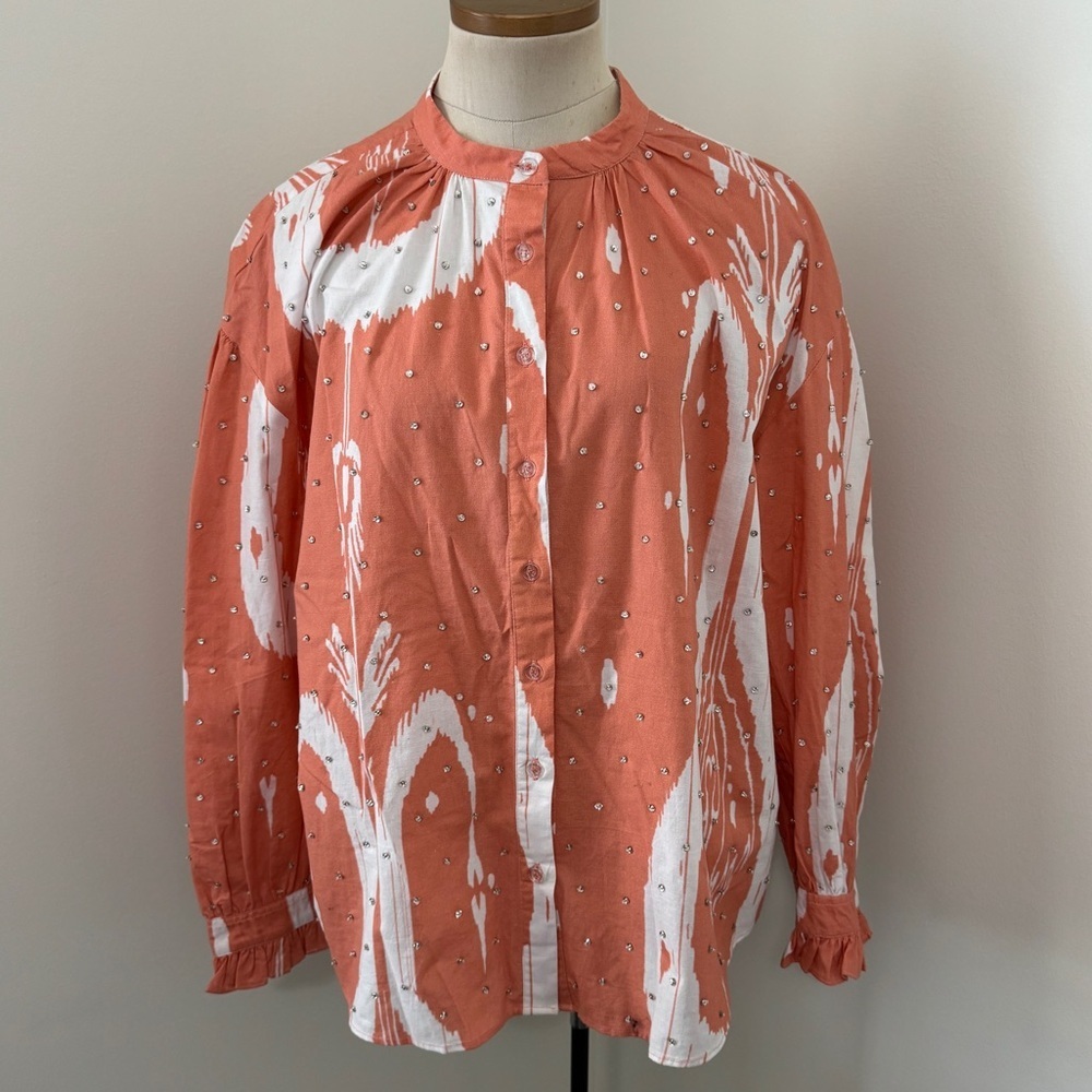 NEW Sheridan French XL Ripley Blouse ~ Linen Coral Ikat Embellished Quiet Luxury